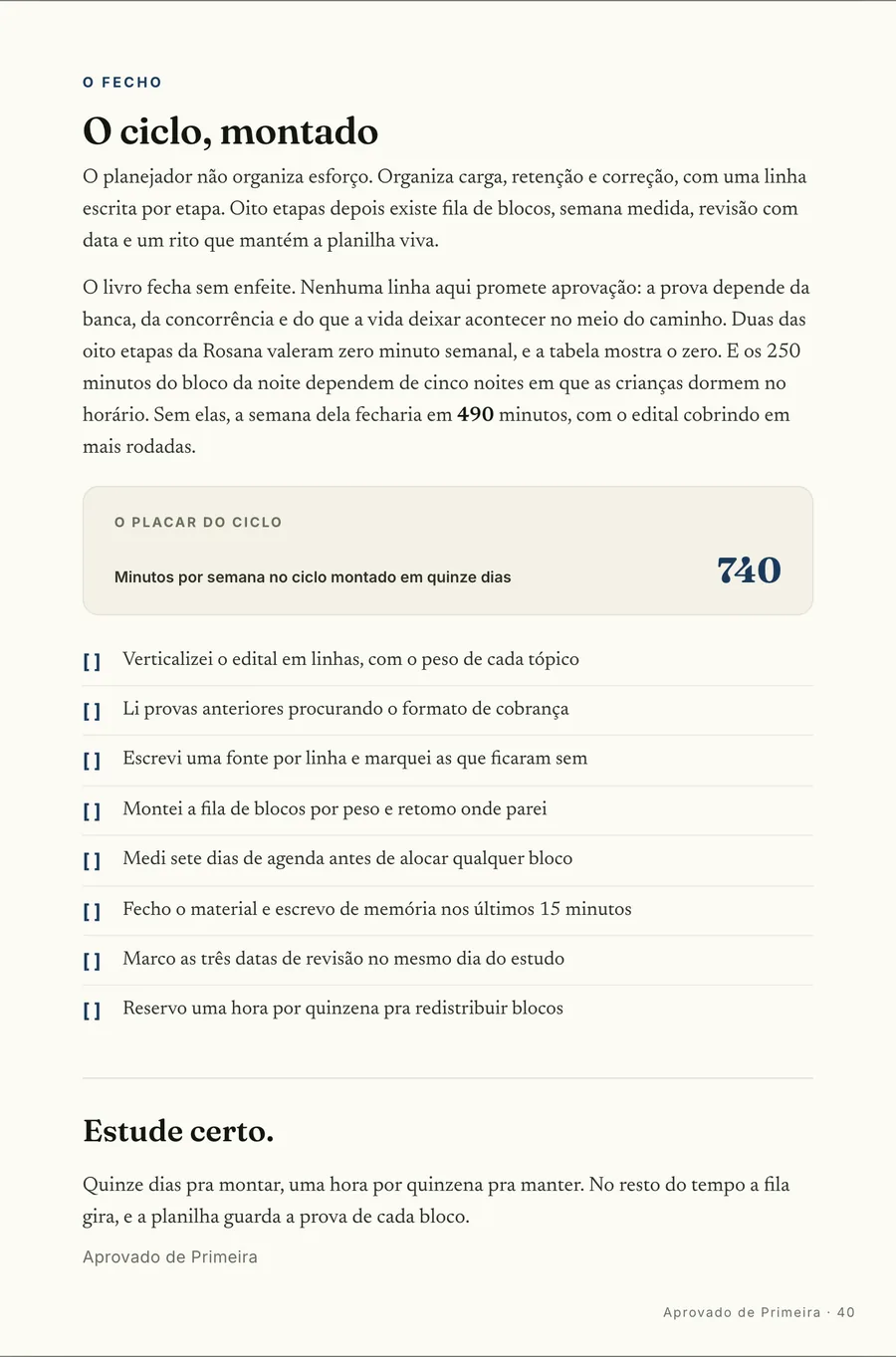 O fecho: O ciclo da Rosana, montado: quinze dias entre a planilha vazia e o primeiro ajuste